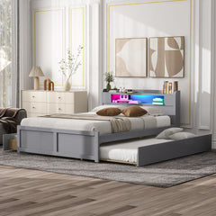 Queen Size Wood Storage Platform Bed with LED, 2 Drawers and 1 Twin Size Trundle, Gray