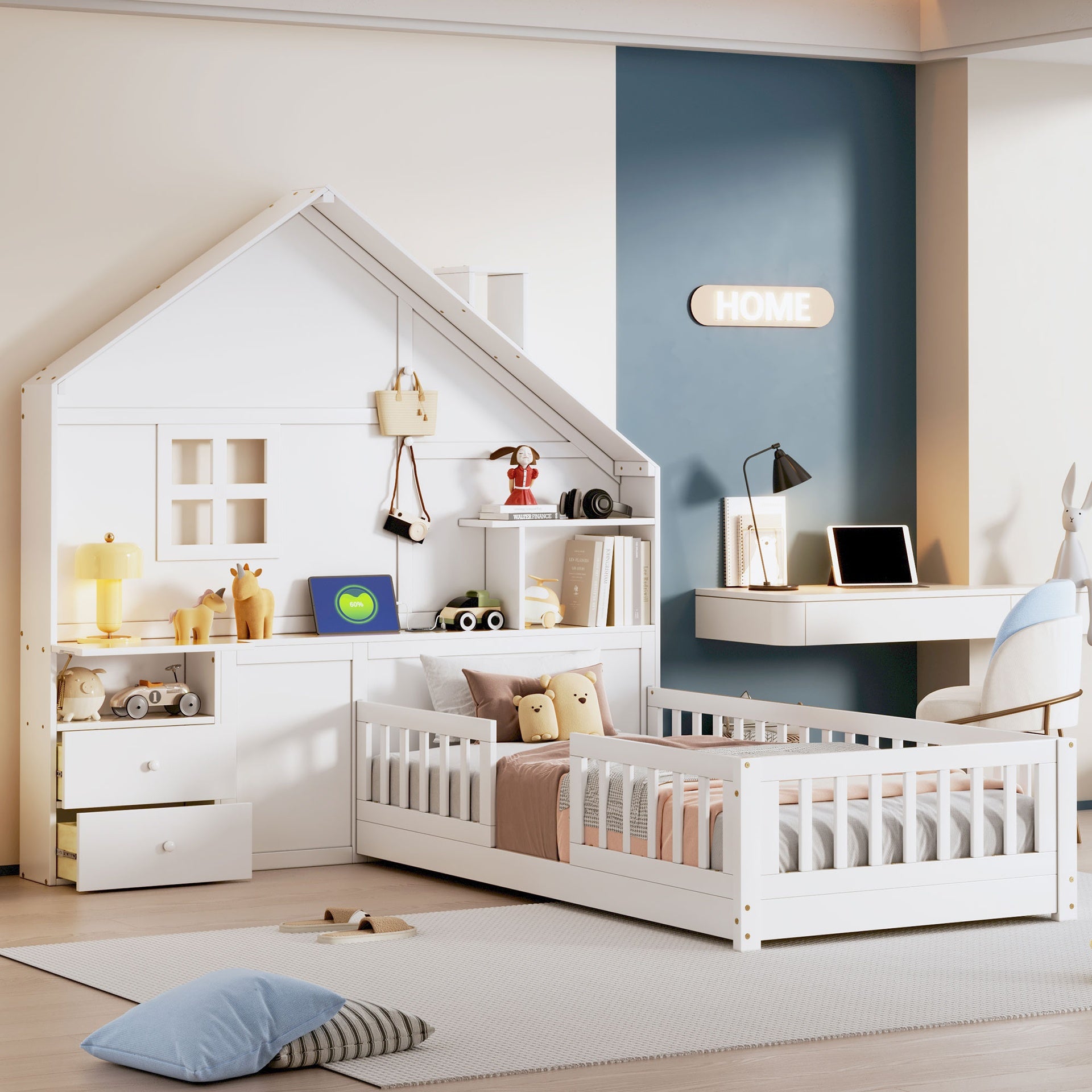 Twin Size House Bed with Window and Bedside Drawers, Platform Bed with Shelves and a set of Sockets and USB Port, White