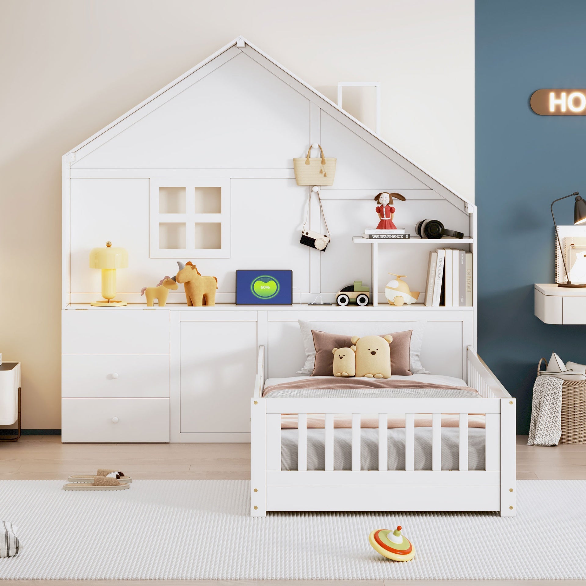 Twin Size House Bed with Window and Bedside Drawers, Platform Bed with Shelves and a set of Sockets and USB Port, White