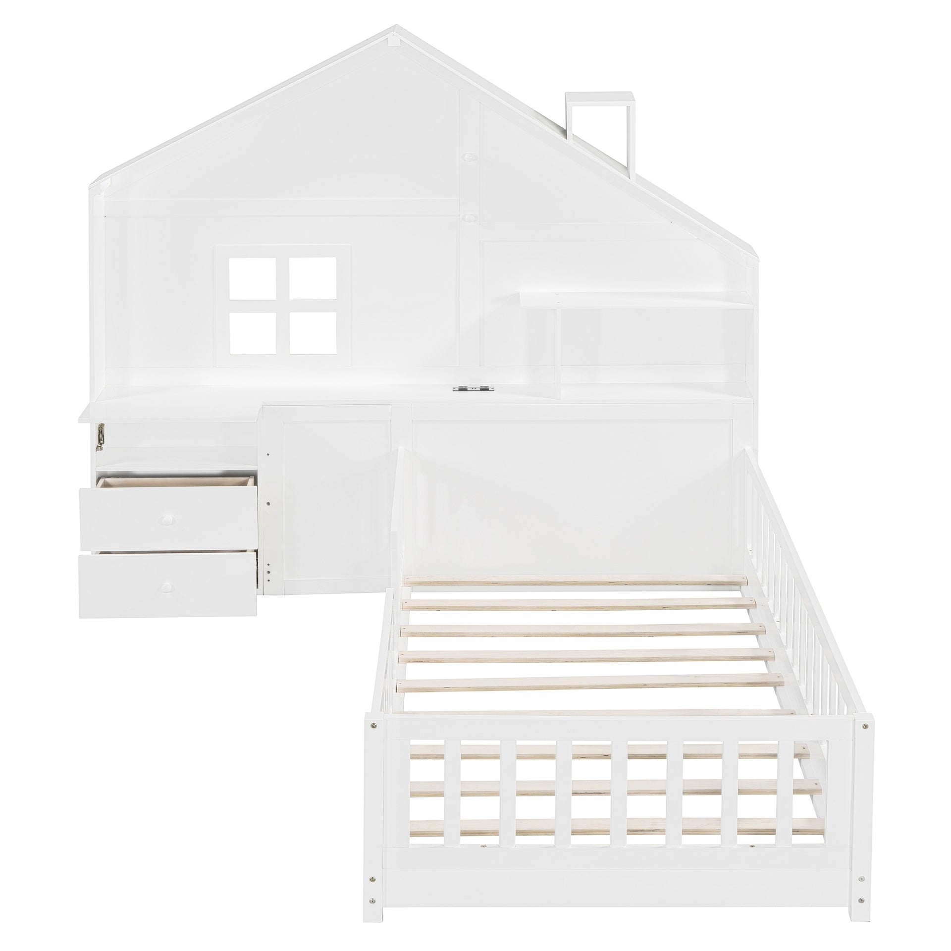 Twin Size House Bed with Window and Bedside Drawers, Platform Bed with Shelves and a set of Sockets and USB Port, White