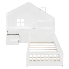 Twin Size House Bed with Window and Bedside Drawers, Platform Bed with Shelves and a set of Sockets and USB Port, White