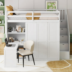 Full Size Loft Bed with Wardrobe,Desk and Shelves,White