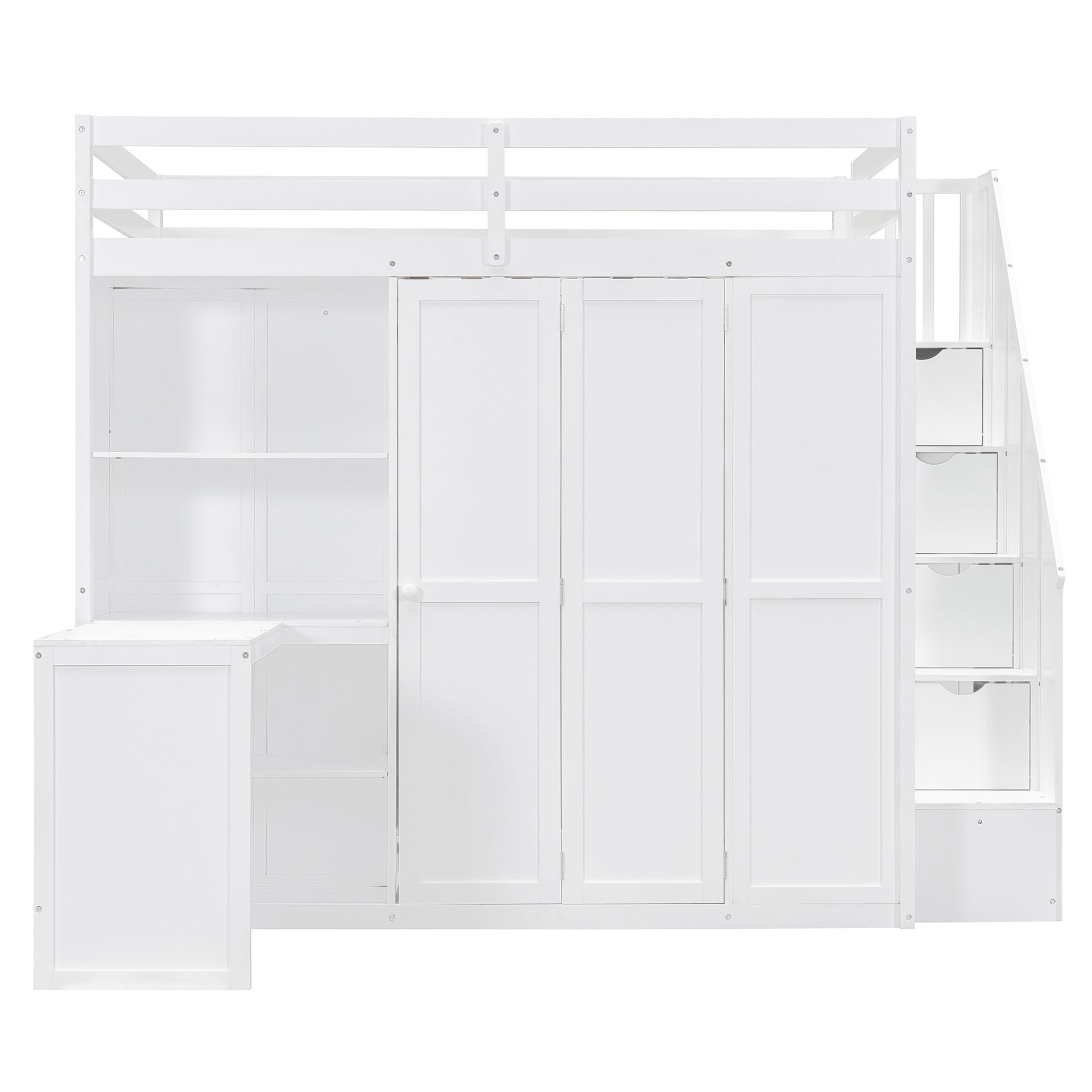 Full Size Loft Bed with Wardrobe,Desk and Shelves,White