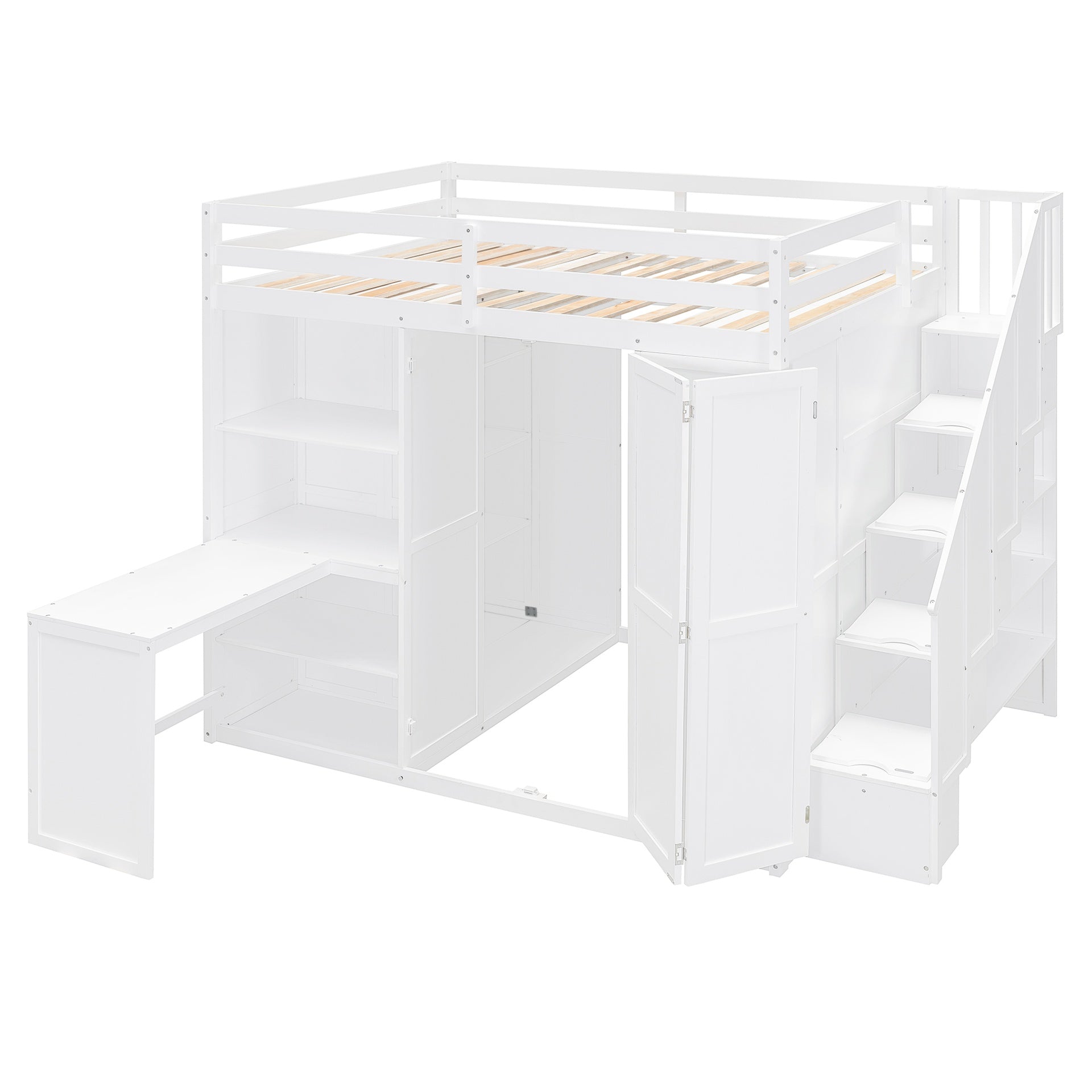 Full Size Loft Bed with Wardrobe,Desk and Shelves,White