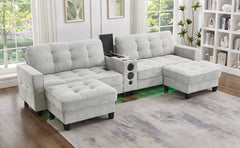 Modern Sectional Sofa 126" U-shaped Sectional Sofa Modular Sectional Couch with Movable Storage Ottomans, multifunctional Console, Bluetooth Speakers and LED Lights for Living Room, Light Grey