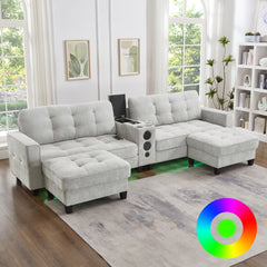 Modern Sectional Sofa 126" U-shaped Sectional Sofa Modular Sectional Couch with Movable Storage Ottomans, multifunctional Console, Bluetooth Speakers and LED Lights for Living Room, Light Grey