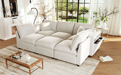 Modern Sectional Sofa Modular Sofa 93.7" U-shaped Sofa Couch Sofa Bed L-shaped Sofa with a Movable Ottoman, Storage Armrests and USB Ports, Beige