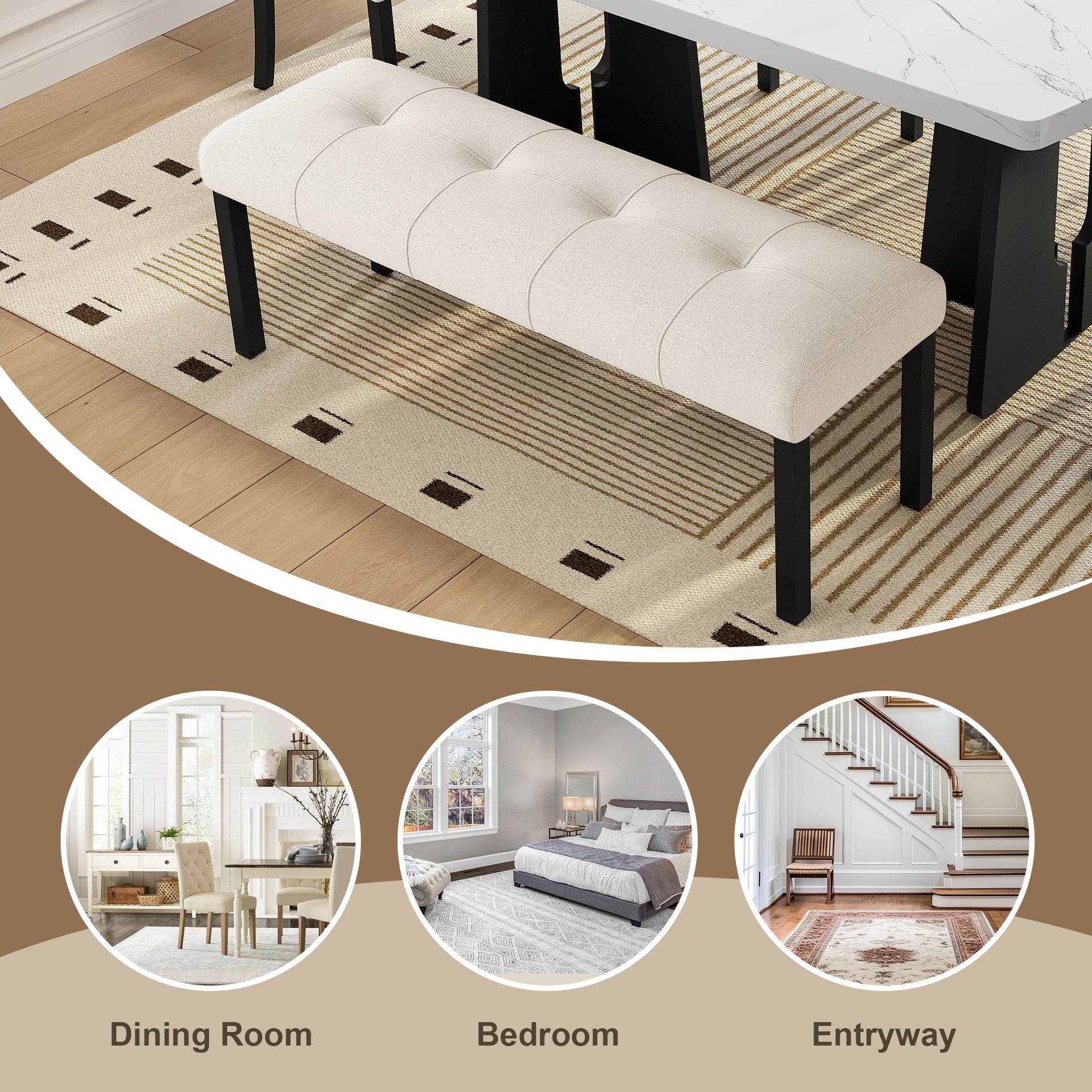 Modern Tufted Linen Dining Bench, Farmhouse Upholstered Entryway Bench with Black Rubber Wood Legs, Versatile for Kitchen, Bedroom, Hallway, Beige