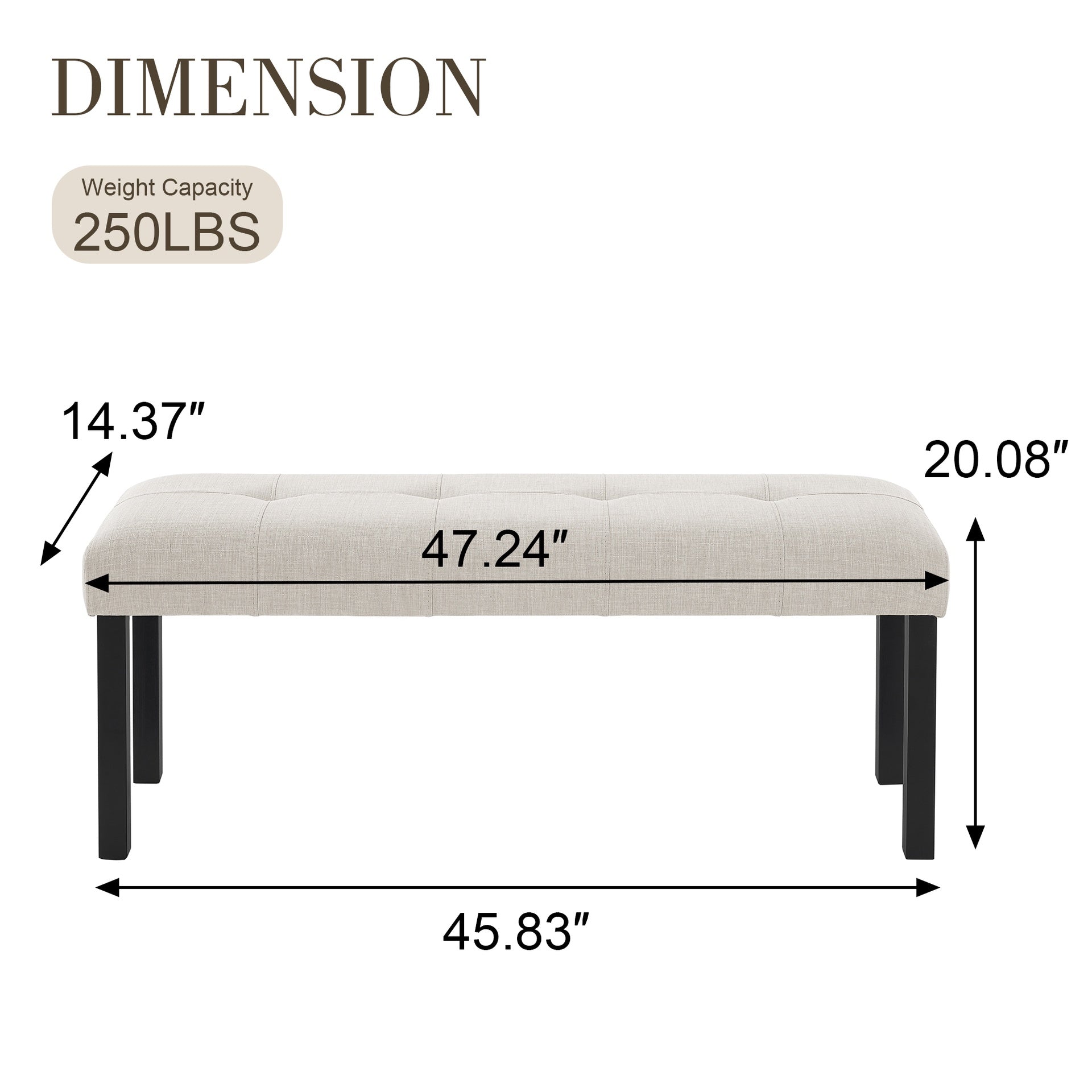 Modern Tufted Linen Dining Bench, Farmhouse Upholstered Entryway Bench with Black Rubber Wood Legs, Versatile for Kitchen, Bedroom, Hallway, Beige