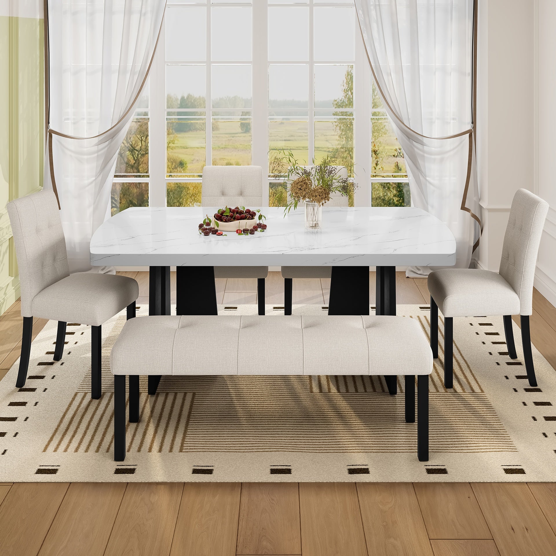 6 Piece Modern Dining Table Set, 63" Faux Marble Dining Table with Geometric Legs & 4 Upholstered Chairs & 1 Bench, Suitable for Dining Kitchen Room,Easy to Assemble, Beige + White