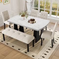 6 Piece Modern Dining Table Set, 63" Faux Marble Dining Table with Geometric Legs & 4 Upholstered Chairs & 1 Bench, Suitable for Dining Kitchen Room,Easy to Assemble, Beige + White