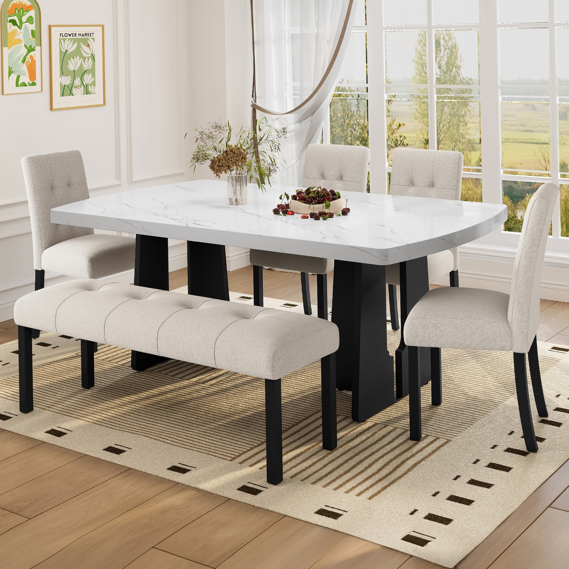 6 Piece Modern Dining Table Set, 63" Faux Marble Dining Table with Geometric Legs & 4 Upholstered Chairs & 1 Bench, Suitable for Dining Kitchen Room,Easy to Assemble, Beige + White