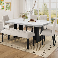 6 Piece Modern Dining Table Set, 63" Faux Marble Dining Table with Geometric Legs & 4 Upholstered Chairs & 1 Bench, Suitable for Dining Kitchen Room,Easy to Assemble, Beige + White