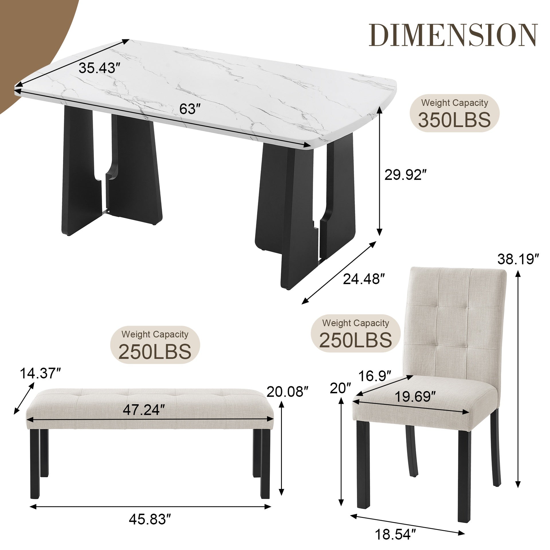 6 Piece Modern Dining Table Set, 63" Faux Marble Dining Table with Geometric Legs & 4 Upholstered Chairs & 1 Bench, Suitable for Dining Kitchen Room,Easy to Assemble, Beige + White