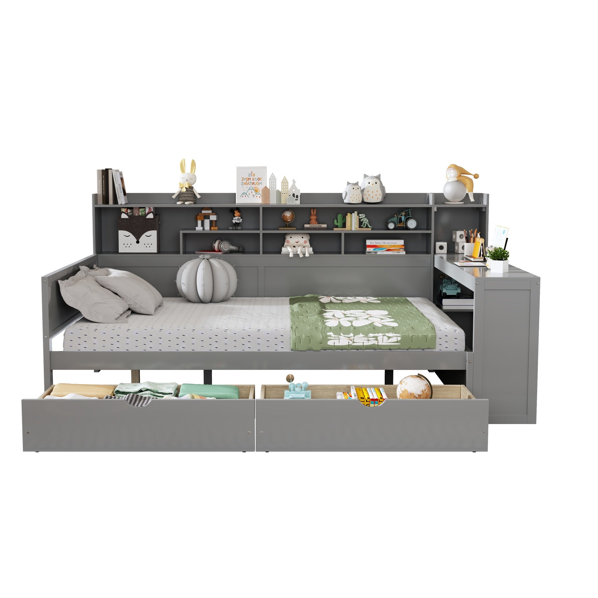 Wooden Full Size Daybed with Storage Shelves, Multi-functional Bed with Two Storage Drawers and  Study Desk, Gray