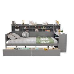 Wooden Full Size Daybed with Storage Shelves, Multi-functional Bed with Two Storage Drawers and  Study Desk, Gray