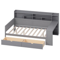 Wooden Full Size Daybed with Storage Shelves, Multi-functional Bed with Two Storage Drawers and  Study Desk, Gray