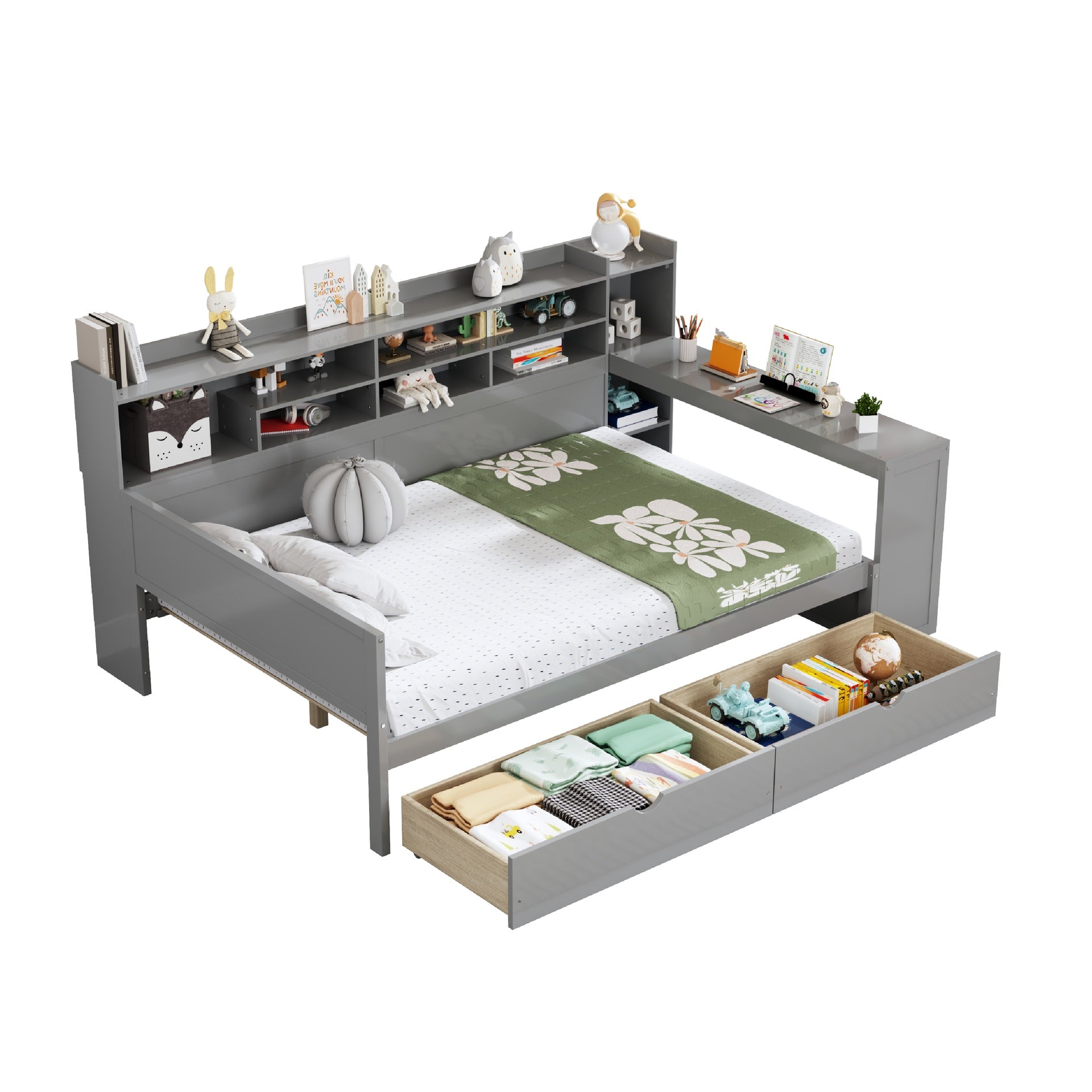 Wooden Full Size Daybed with Storage Shelves, Multi-functional Bed with Two Storage Drawers and  Study Desk, Gray