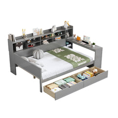 Wooden Full Size Daybed with Storage Shelves, Multi-functional Bed with Two Storage Drawers and  Study Desk, Gray