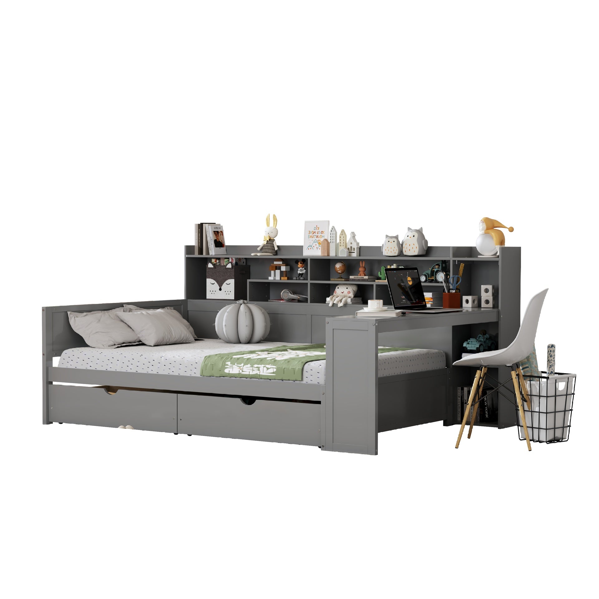 Wooden Full Size Daybed with Storage Shelves, Multi-functional Bed with Two Storage Drawers and  Study Desk, Gray