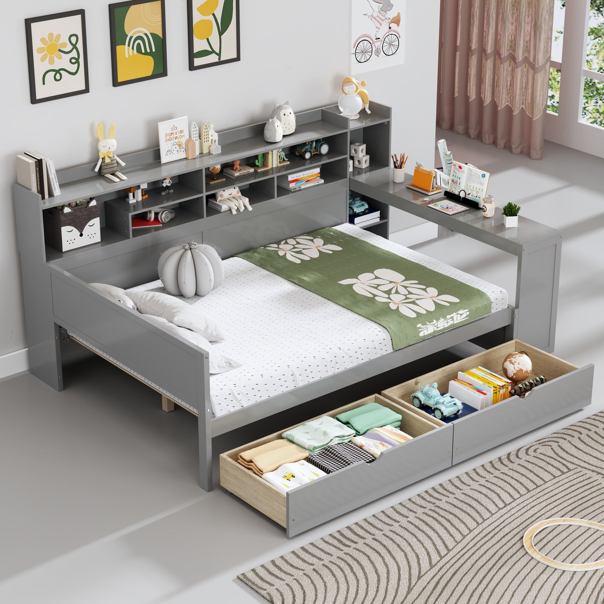 Wooden Full Size Daybed with Storage Shelves, Multi-functional Bed with Two Storage Drawers and  Study Desk, Gray