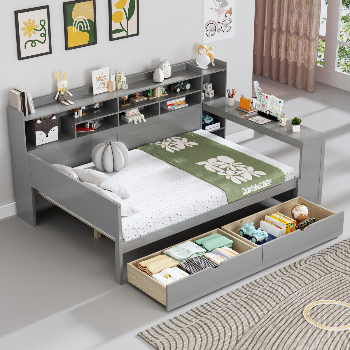 Wooden Full Size Daybed with Storage Shelves, Multi-functional Bed with Two Storage Drawers and  Study Desk, Gray