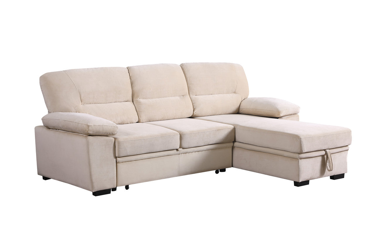 Kipling 97.5" Beige Velvet Fabric Reversible Sleeper Sectional Sofa Chaise