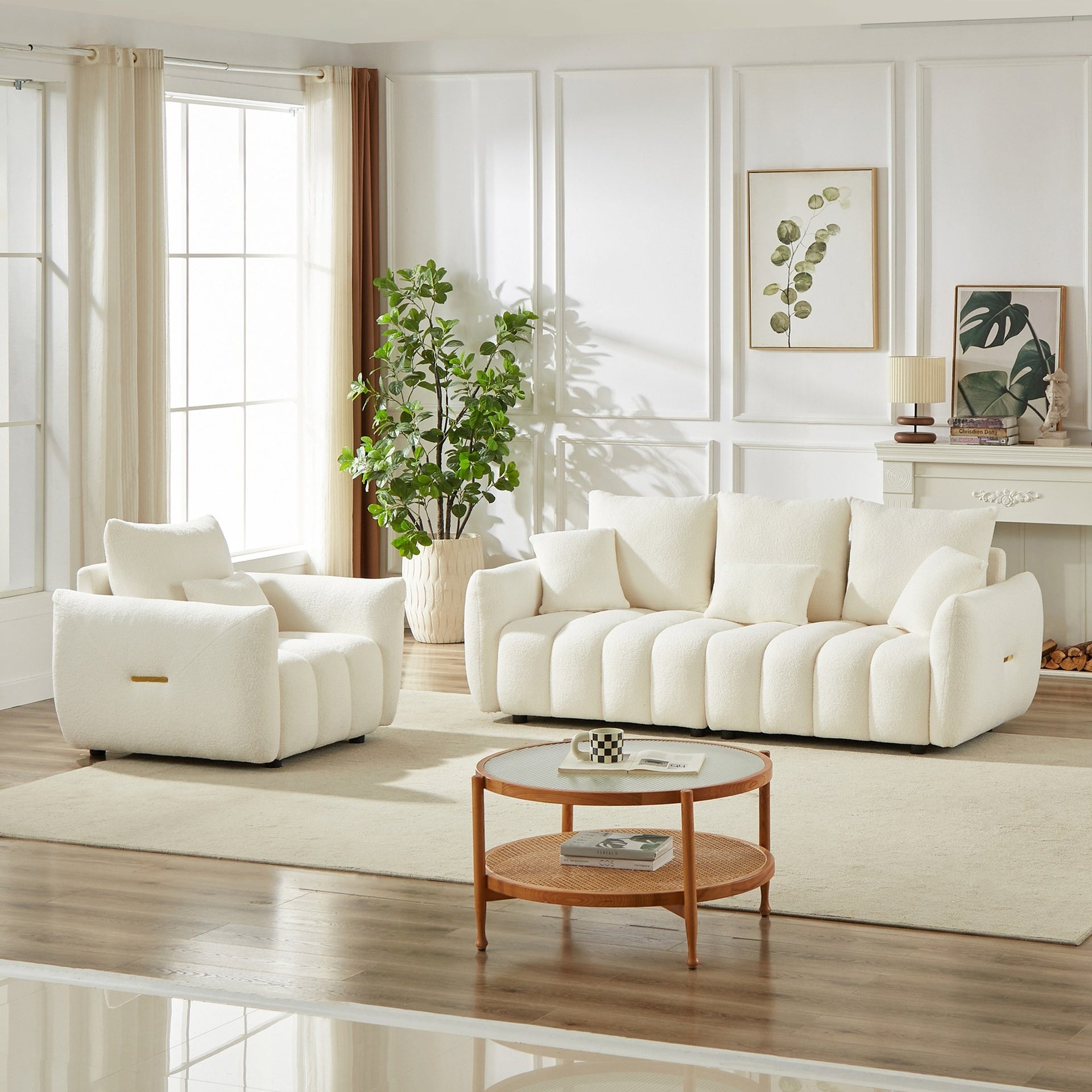 3 Seater + 1 Seater Combo Sofa Modern Living Room Sofa, Teddy Sofa, Wooden Frame, 4 Cushions, Apartment Sofa Furniture