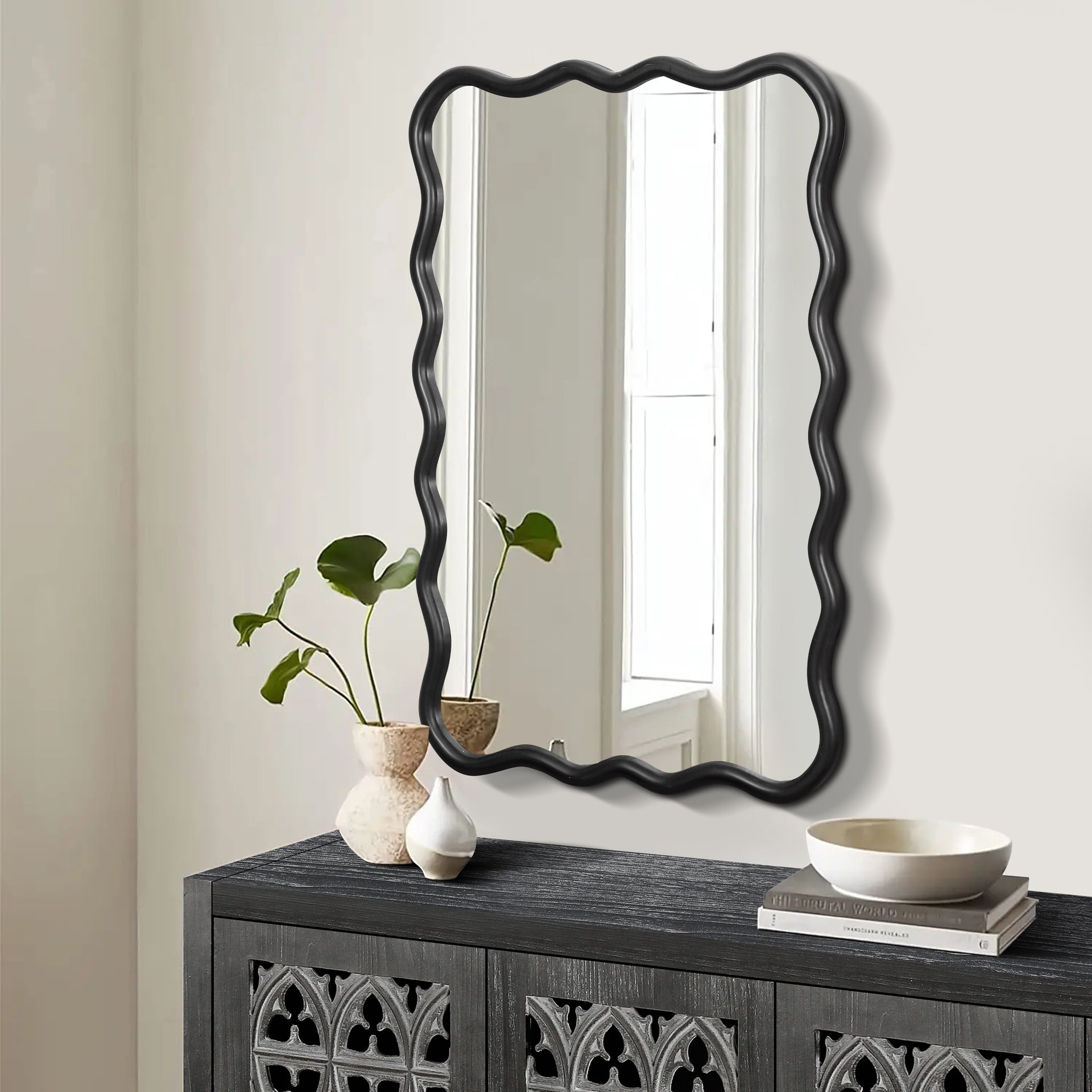 Solid Wood Wavy Rectangle Mirror-Black 40" x 28" Modern Mirror Wall Decor for Bathroom, Bedroom, Living Room, Dining Room, Cloakroom, Entryway