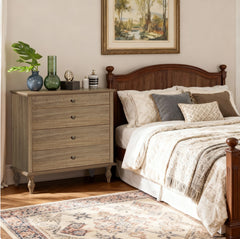 Large 4-Drawer Chest with Solid Wood Foot, Dresser with Brushed Light Brown Finish & Metal Drawer Knobs, Antique Design for Bedroom & Nursery