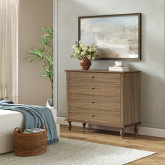 Large 4-Drawer Chest with Solid Wood Foot, Dresser with Brushed Light Brown Finish & Metal Drawer Knobs, Antique Design for Bedroom & Nursery