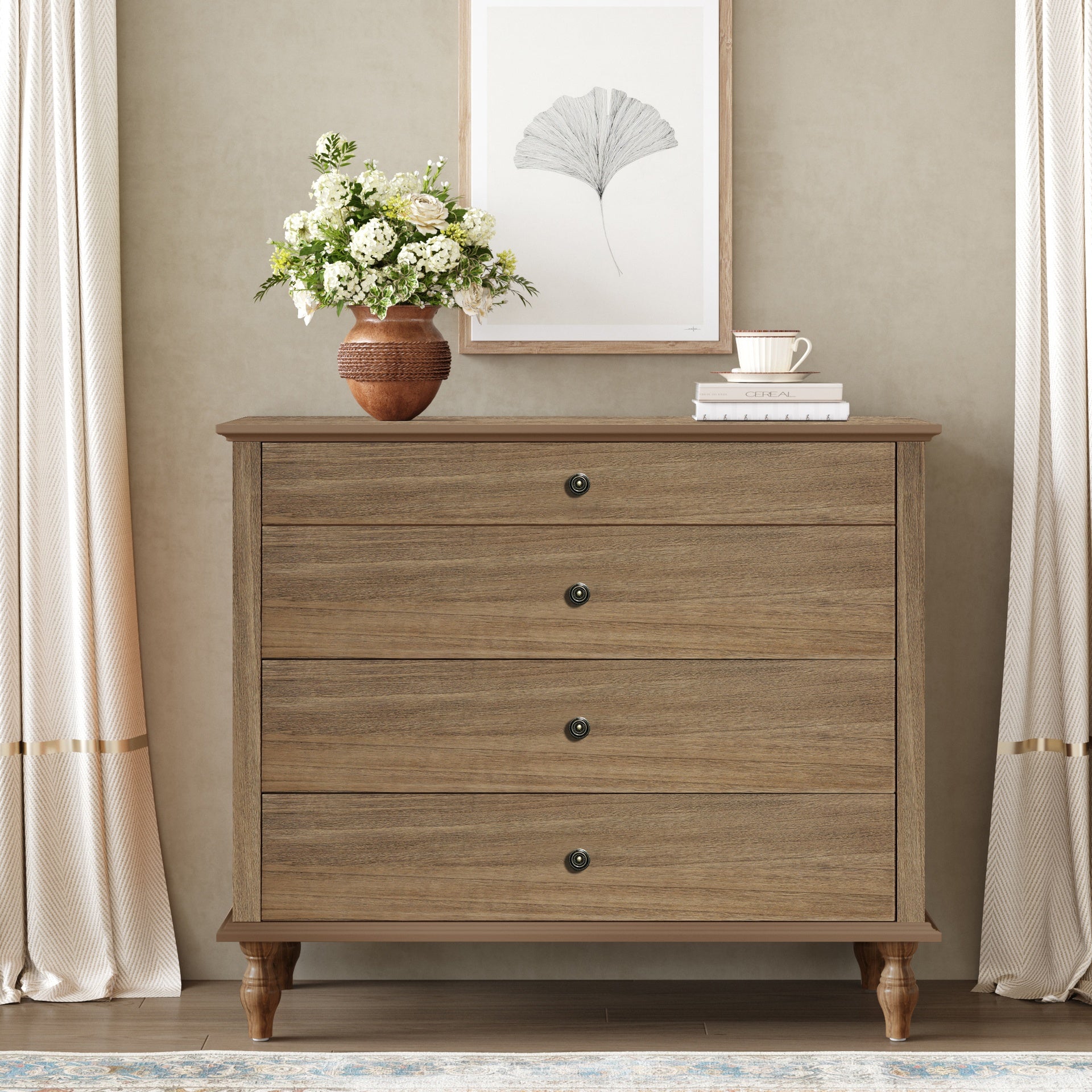 Large 4-Drawer Chest with Solid Wood Foot, Dresser with Brushed Light Brown Finish & Metal Drawer Knobs, Antique Design for Bedroom & Nursery