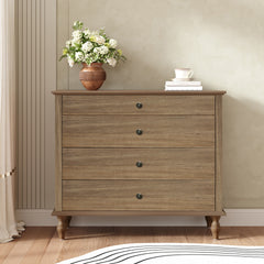 Large 4-Drawer Chest with Solid Wood Foot, Dresser with Brushed Light Brown Finish & Metal Drawer Knobs, Antique Design for Bedroom & Nursery