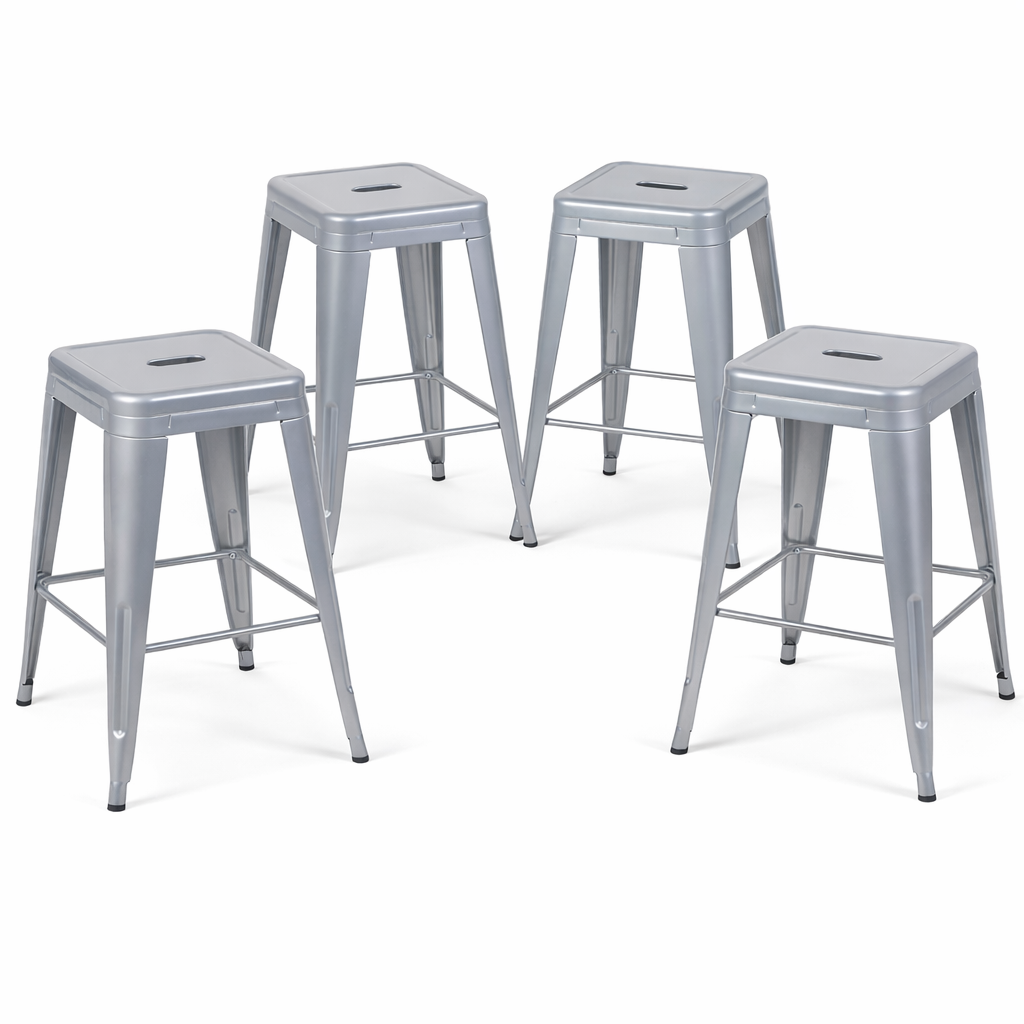 24 Inch Counter Height Stool, Backless Metal Bar Stools Set of 4, Non-Stackable, Detachable & Easy Assembly, Space-Saving Design for Kitchen Island/Bar/Café/Dining Room (Sliver)