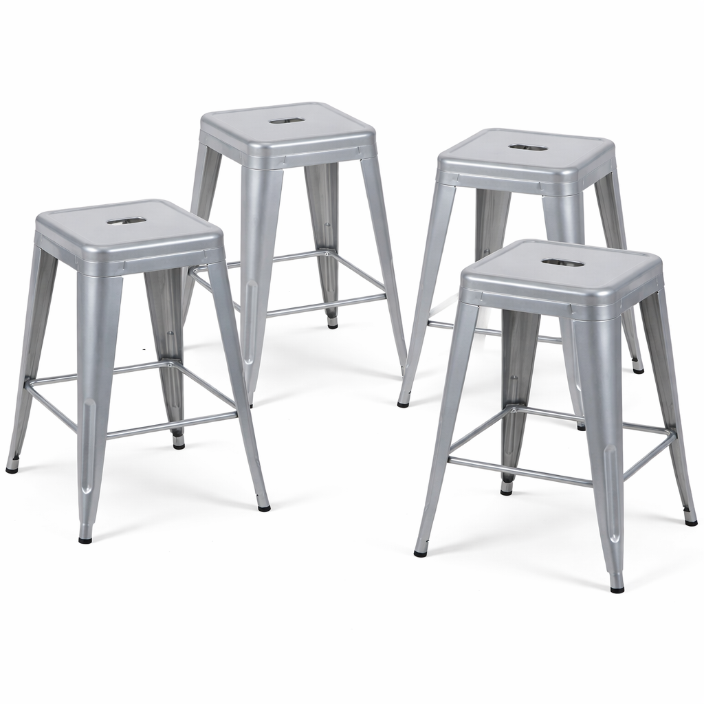24 Inch Counter Height Stool, Backless Metal Bar Stools Set of 4, Non-Stackable, Detachable & Easy Assembly, Space-Saving Design for Kitchen Island/Bar/Café/Dining Room (Sliver)