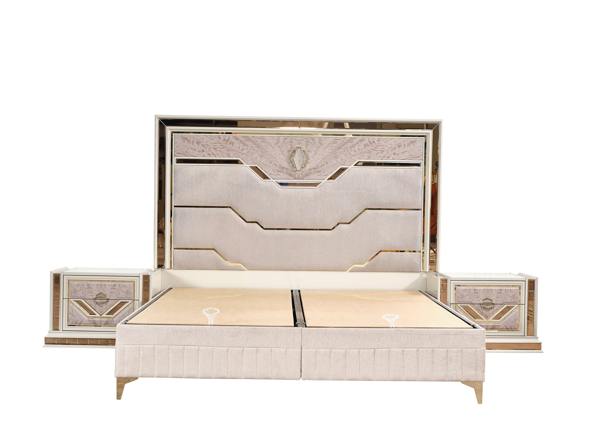 Omari Modern Style Queen Upholstered Bed Made with Wood and Gold Accents in Beige (NJ inventory)