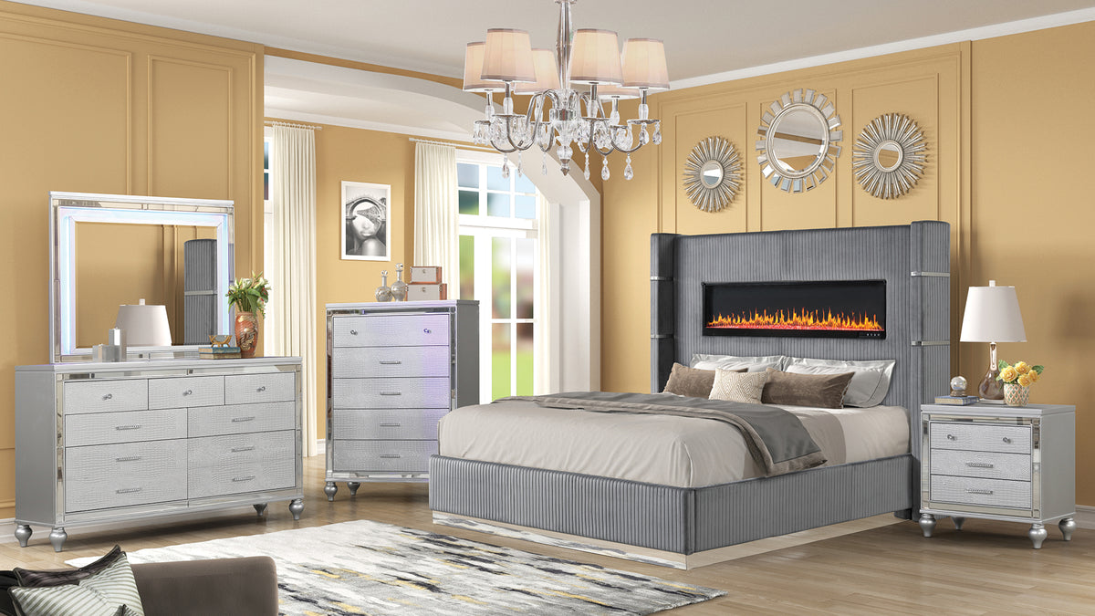 LIZZELLE Upholstery Wooden Queen 5 PC Bedroom set with Ambient lighting in Gray Velvet Finish(NJ INVENTORY)