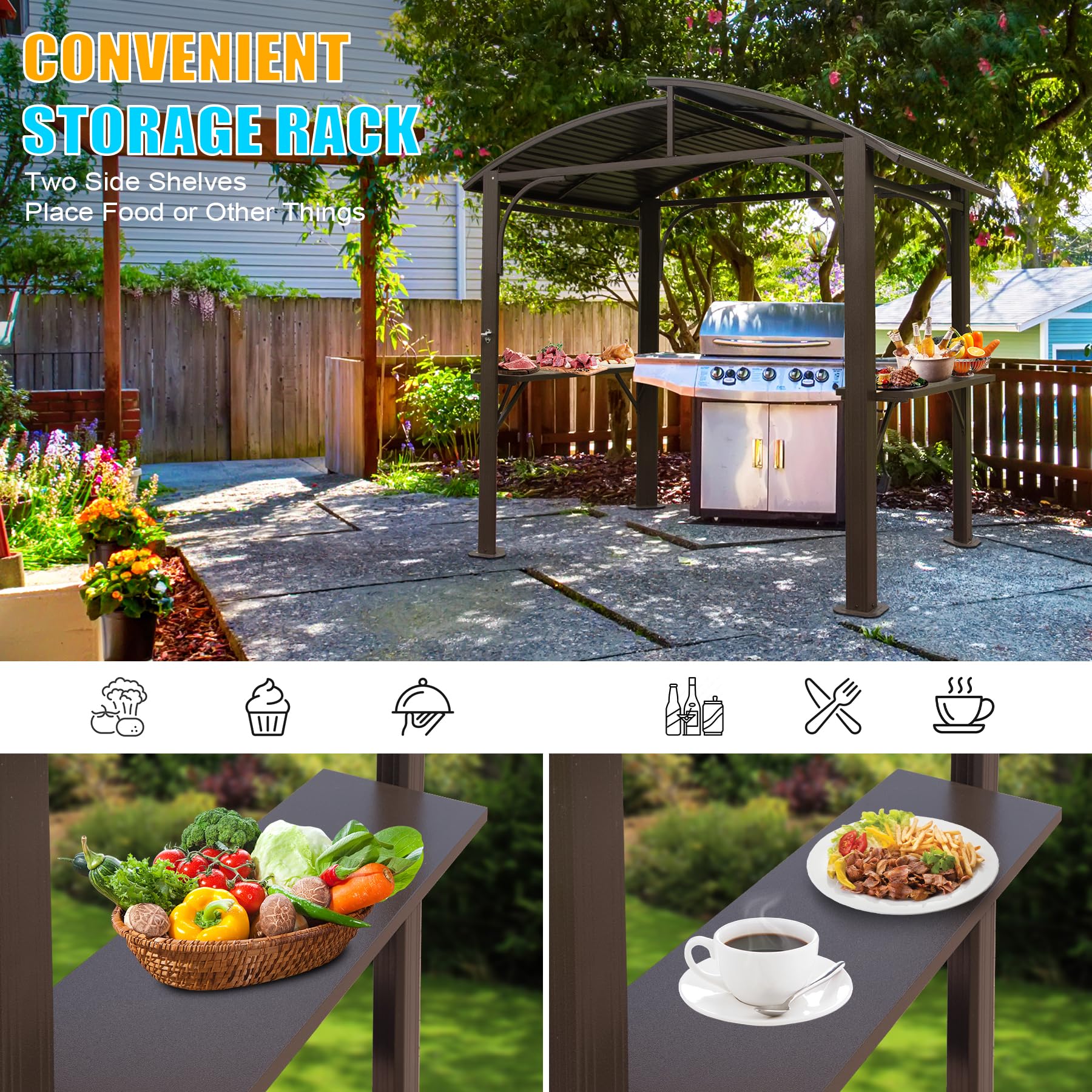 8x5FT  Arc Roof, Grill Canopy for Outdoor Grill w/Double Galvanized Steel Roof and 2 Side Shelves, BBQ Gazebo Grill Tent for Patio Garden Backyard, Brown