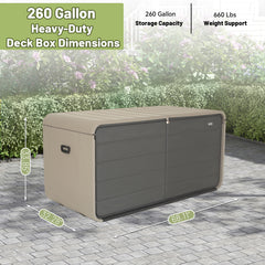 260 Gallon Plastic Deck Box, Large Patio Storage Box with Lock, Wheels & Waterproof Lid for Outdoor Cushions, Garden and Pool Supplies (Gray)