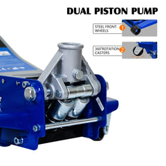 Low-Position Steel Vehicle Floor-mounted Hydraulic Jack with Dual-piston Quick-lift Pump, 3-Ton(6,600 lb.) Capacity.