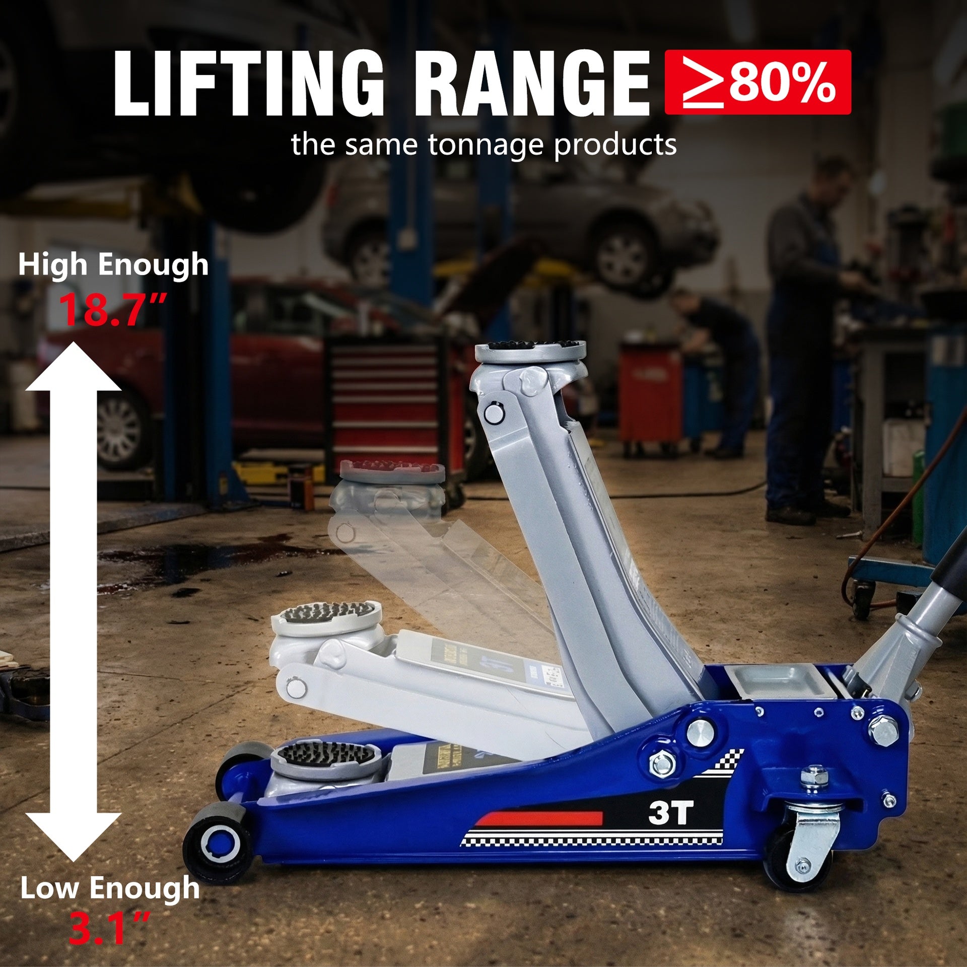 Low-Position Steel Vehicle Floor-mounted Hydraulic Jack with Dual-piston Quick-lift Pump, 3-Ton(6,600 lb.) Capacity.