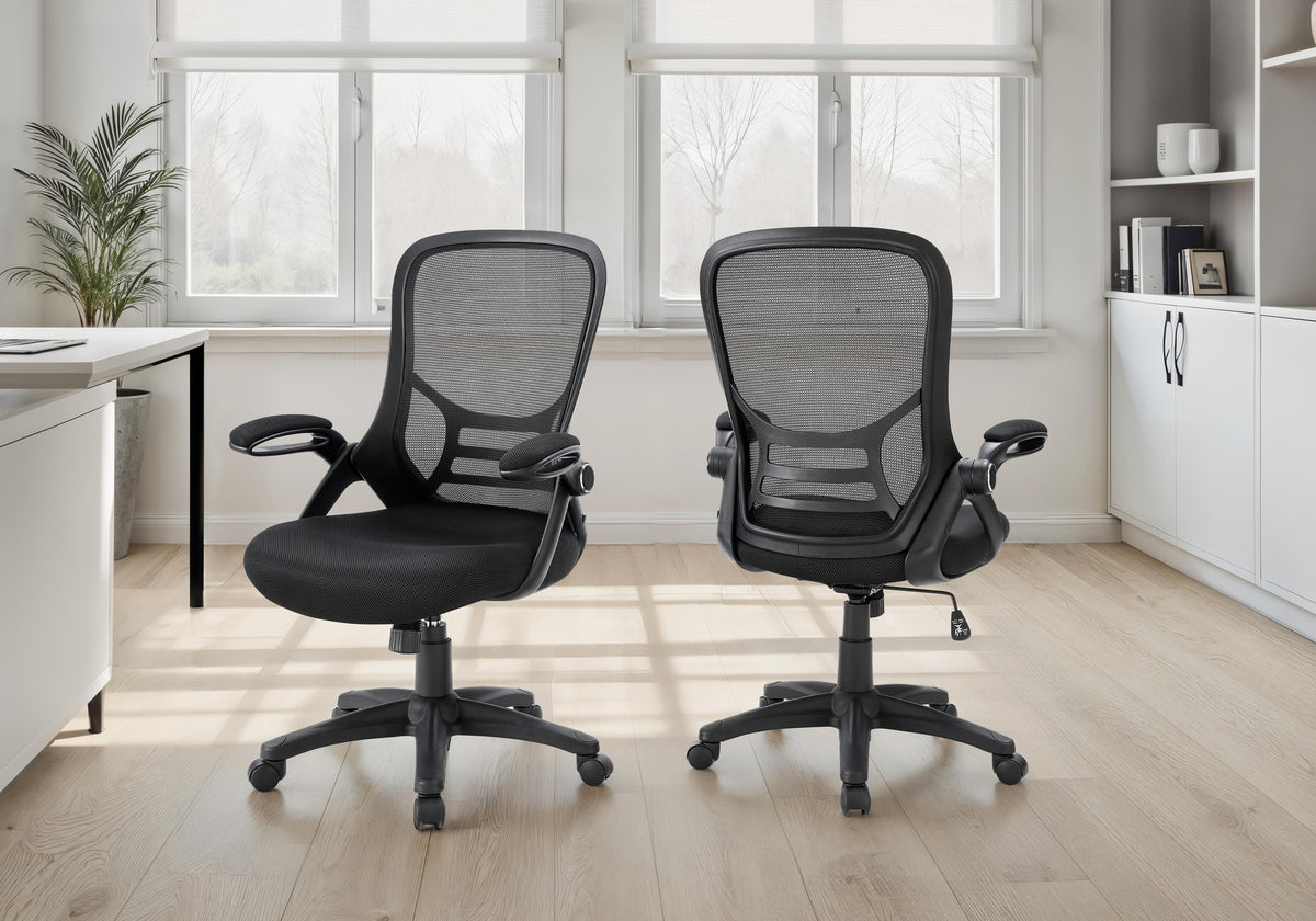 Office Chair, Swivel, Armrests, Adjustable Height, Ergonomic, Work, Black Mesh, Black Metal, Contemporary, Modern