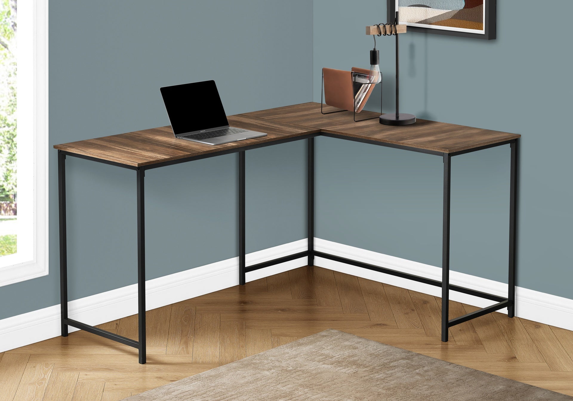 Computer Desk, Home Office, Corner, 58"l, L Shape, Work, Laptop, Brown Laminate, Black Metal, Contemporary, Modern