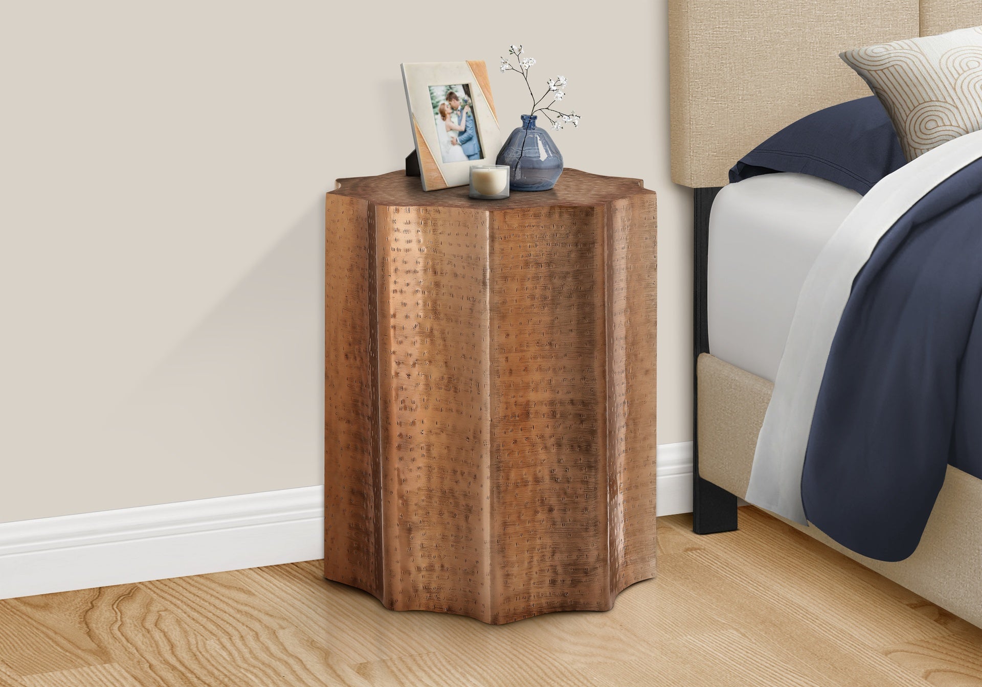 Accent Table, Drum, Side, End, Nightstand, Lamp, Living Room, Bedroom, Copper Metal, Contemporary, Modern