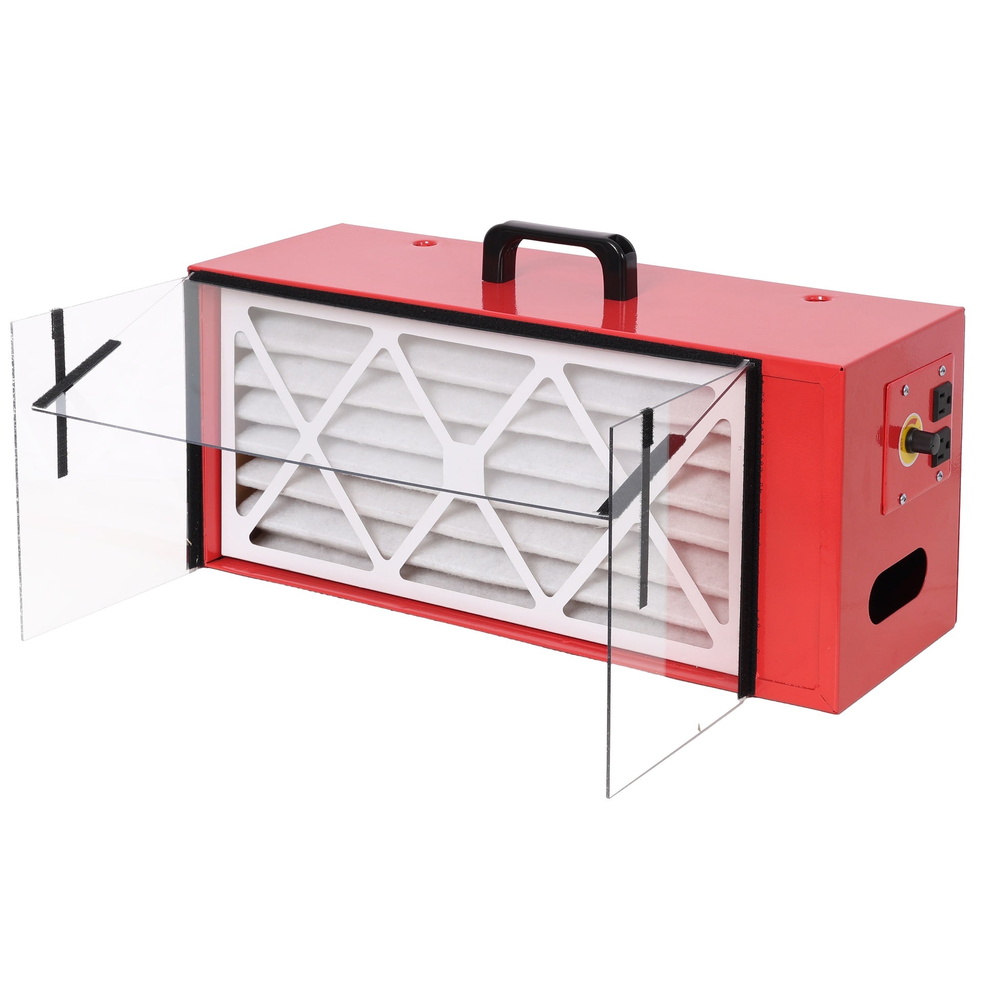 Portable tabletop dust collector,Maximum Air Flow 725CFM; Each fan runs on a 110V variable speed motor; Total Running Amps 1.29AMPS, Red color