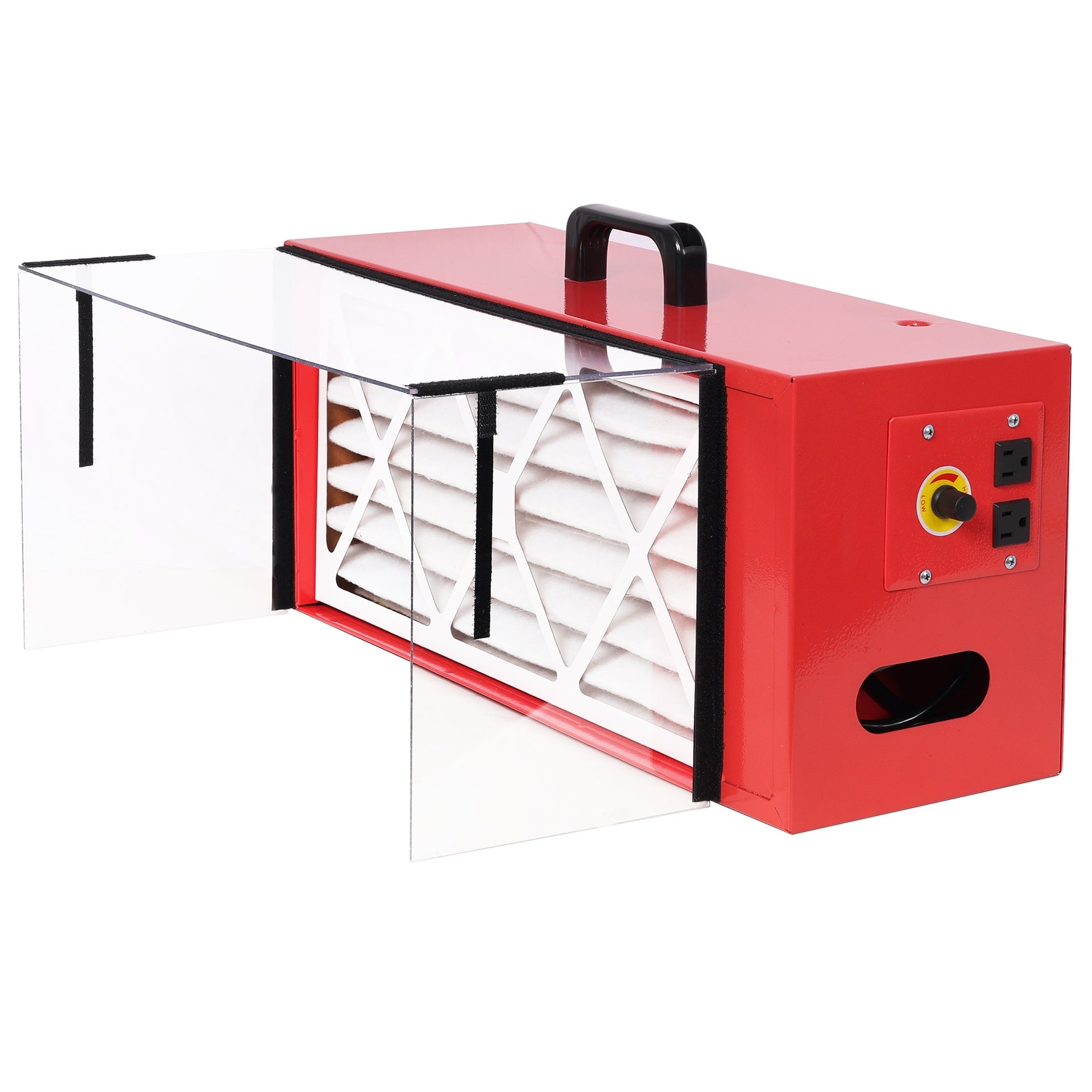 Portable tabletop dust collector,Maximum Air Flow 725CFM; Each fan runs on a 110V variable speed motor; Total Running Amps 1.29AMPS, Red color