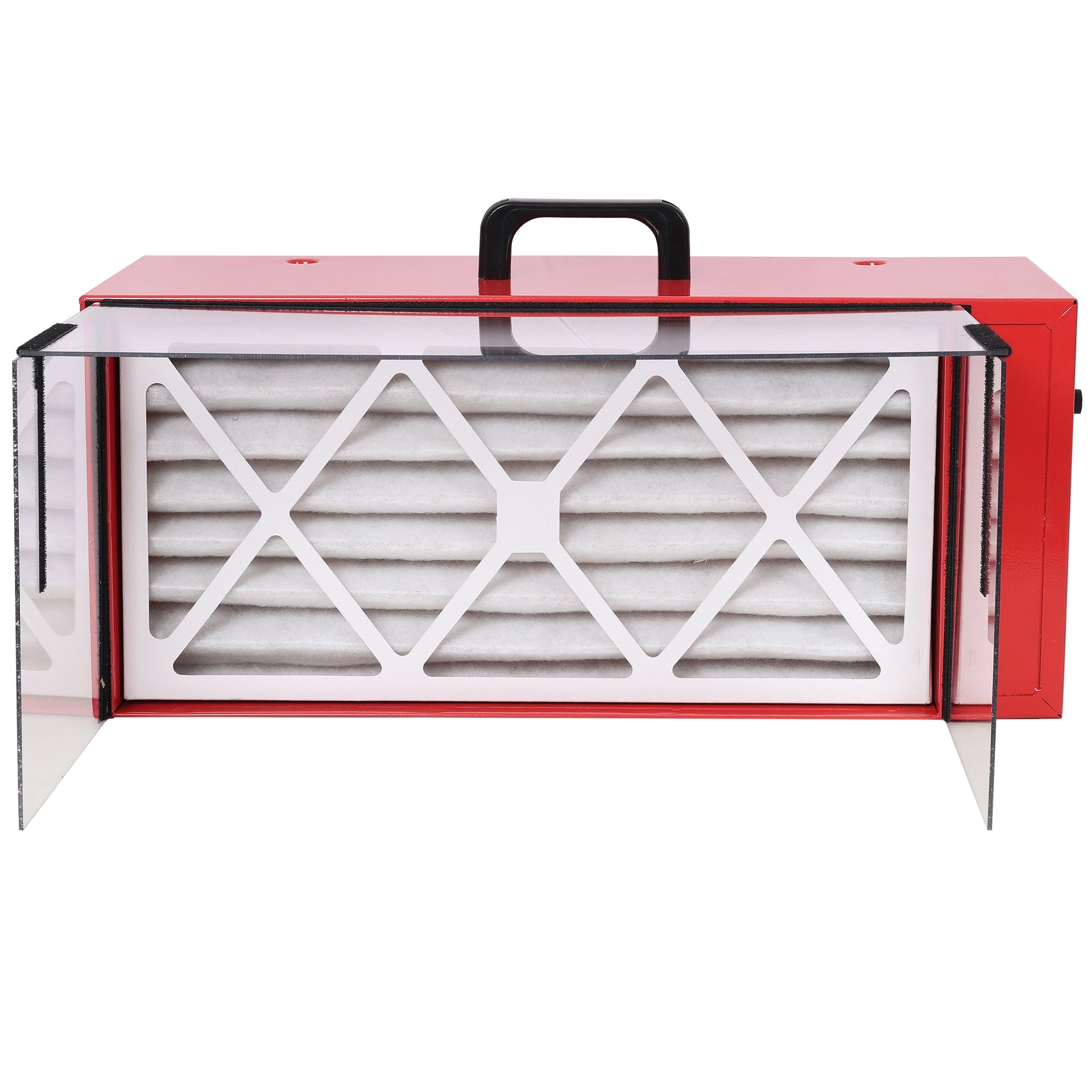 Portable tabletop dust collector,Maximum Air Flow 725CFM; Each fan runs on a 110V variable speed motor; Total Running Amps 1.29AMPS, Red color