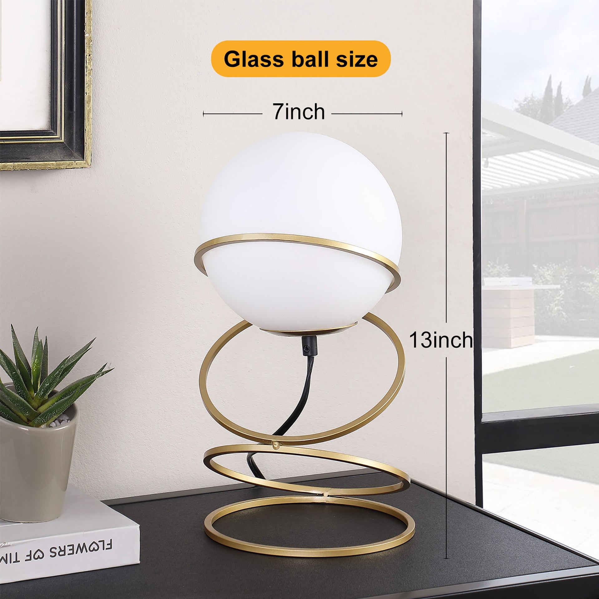 13.5" H Glass Globe Matte Gold Spiral 4 Ring Metal Stand Table Lamp for Living Room, Nightstand Bedside Table Lamp for Bedroom, LED Lamp
