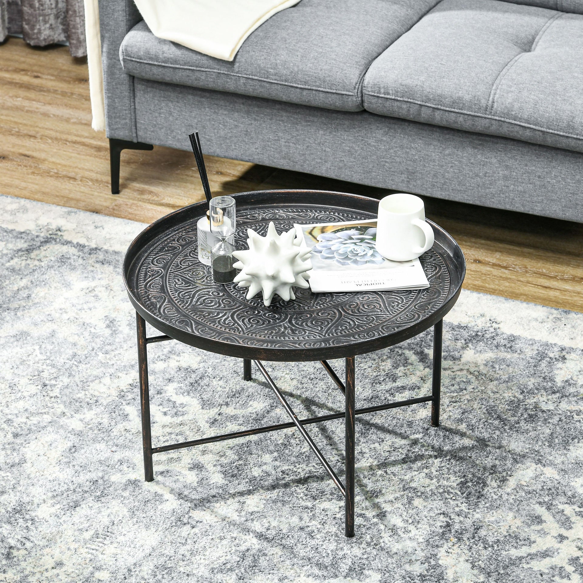 HOMCOM 24" Round Coffee Table with Hammered Tray Top, Vintage Metal Center Table for Living Room, Bedroom, Side Table, Pewter