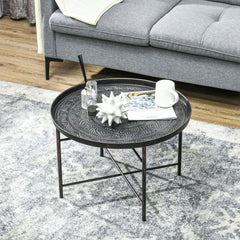 HOMCOM 24" Round Coffee Table with Hammered Tray Top, Vintage Metal Center Table for Living Room, Bedroom, Side Table, Pewter